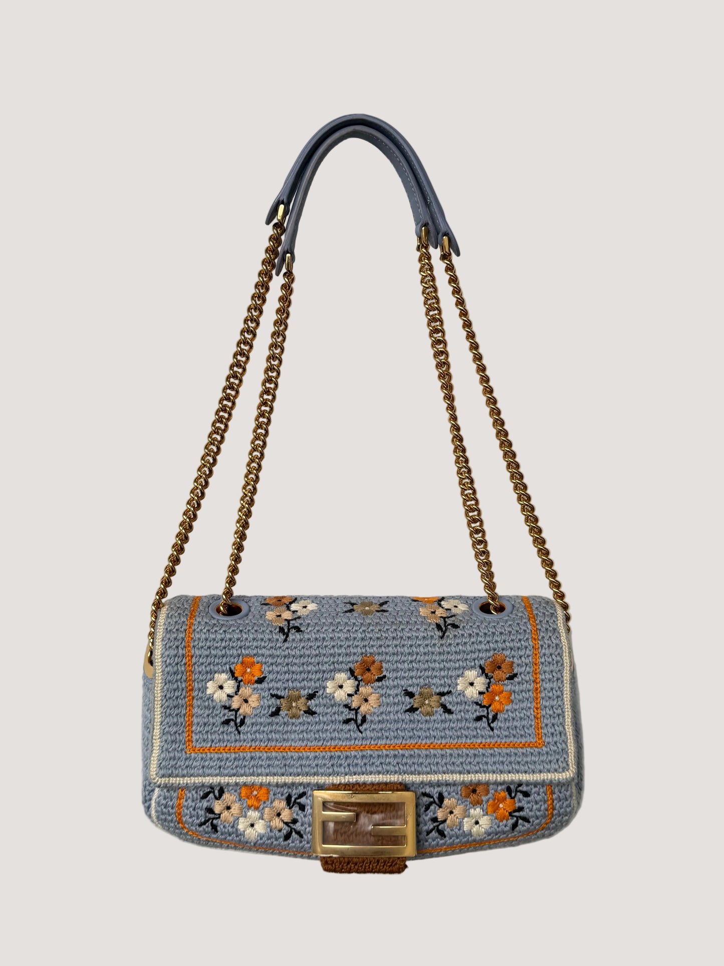 Fendi 2021 Light Blue Wool Knit Floral Baguette