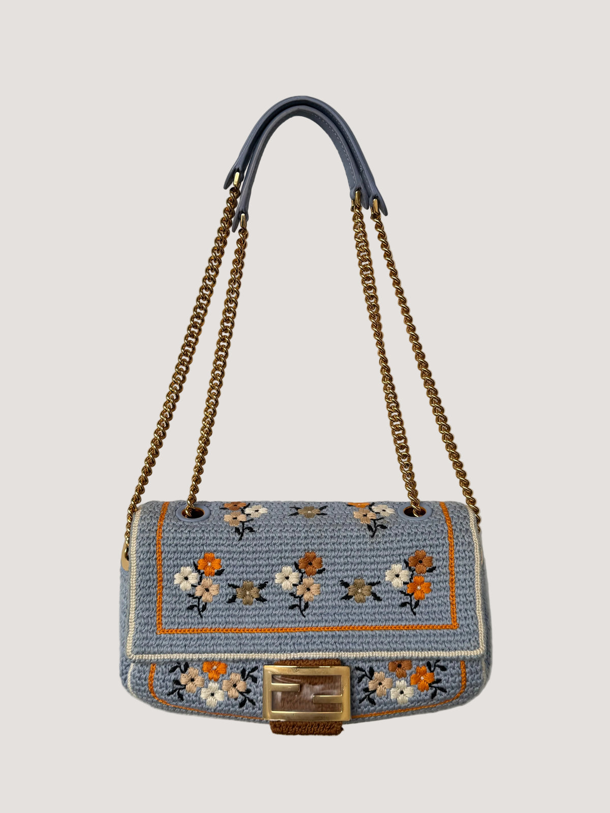 Fendi 2021 Light Blue Wool Knit Floral Baguette
