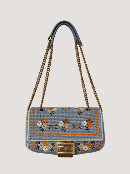 Fendi 2021 Light Blue Wool Knit Floral Baguette