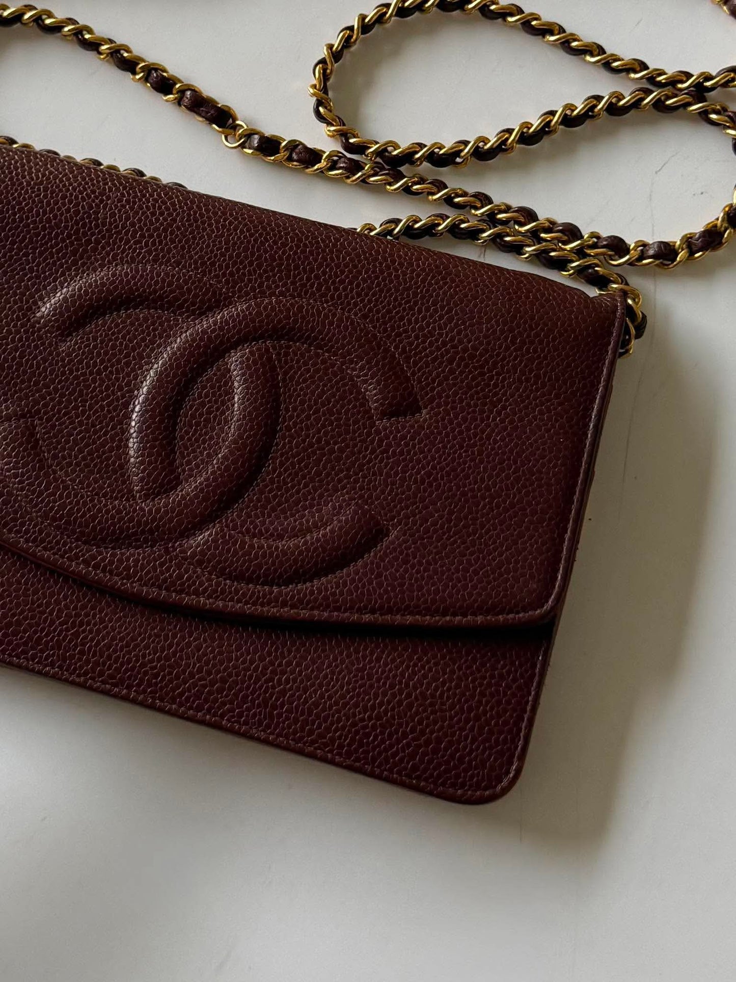 Vintage Chanel Burgundy Caviar Timeless CC Wallet on Chain