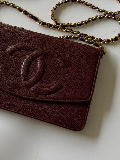 Vintage Chanel Burgundy Caviar Timeless CC Wallet on Chain