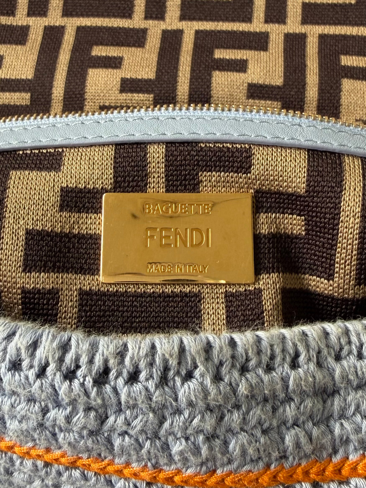 Fendi 2021 Light Blue Wool Knit Floral Baguette