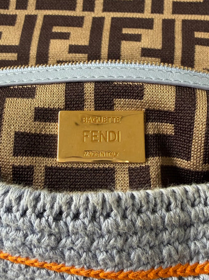 Fendi 2021 Light Blue Wool Knit Floral Baguette