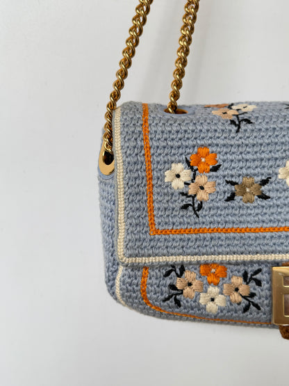 Fendi 2021 Light Blue Wool Knit Floral Baguette