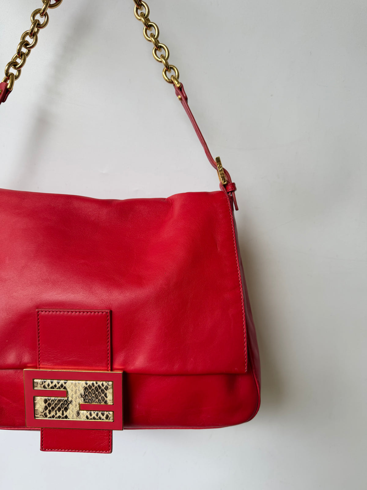 Fendi Red Baguette Mamma Snakeskin FF Logo Clasp