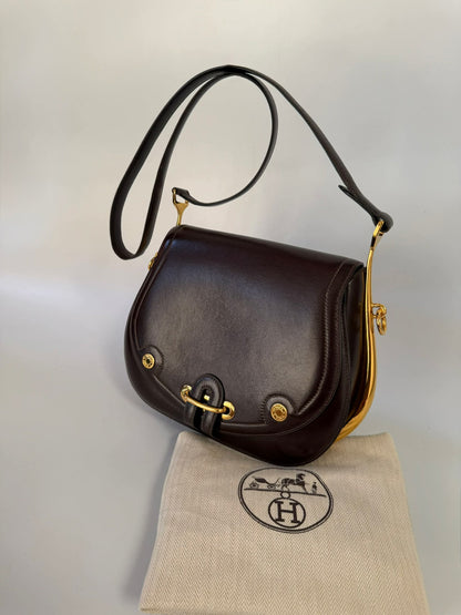 Vintage Hermes 1983 Brown Box Calf Passe Guide Shoulder Bag