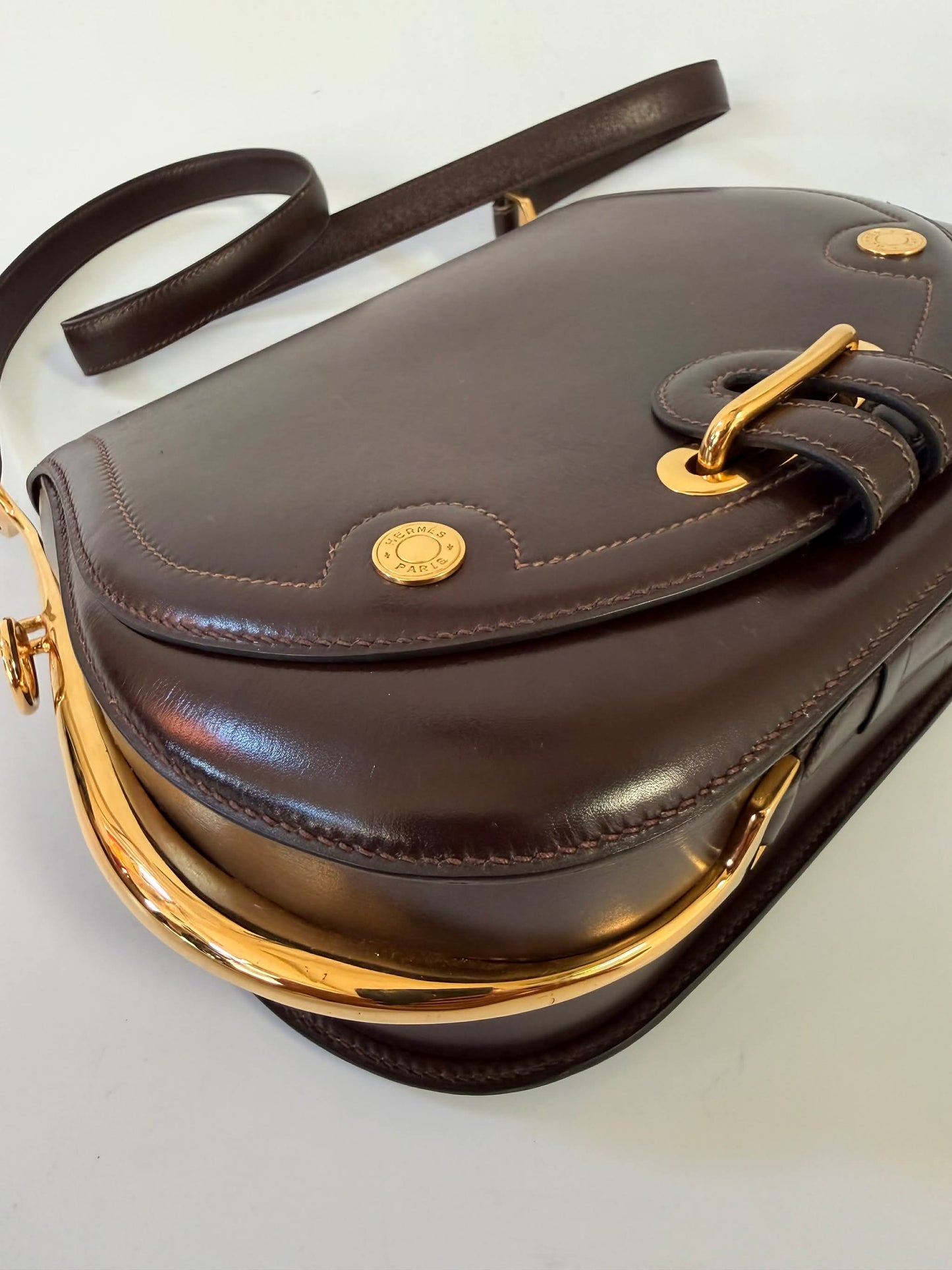Vintage Hermes 1983 Brown Box Calf Passe Guide Shoulder Bag