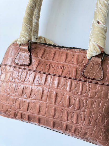 Miu Miu Salmon Pink Crocodile Embossed Bauletto Satchel