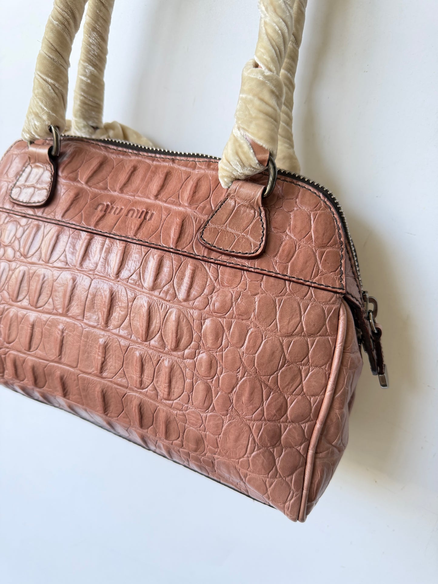 Miu Miu Salmon Pink Crocodile Embossed Bauletto Satchel