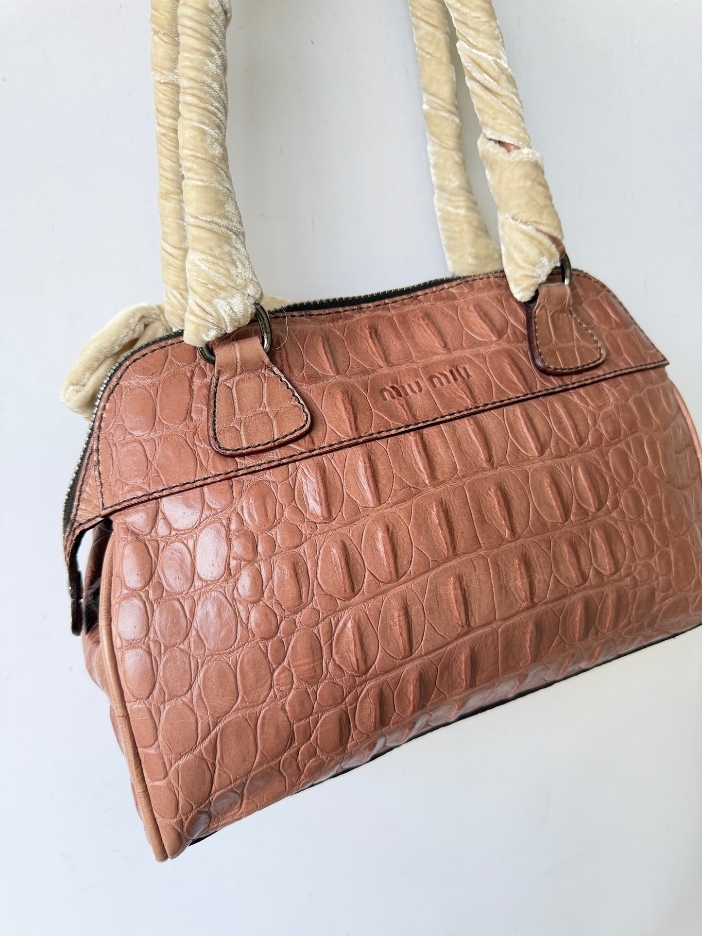 Miu Miu Salmon Pink Crocodile Embossed Bauletto Satchel