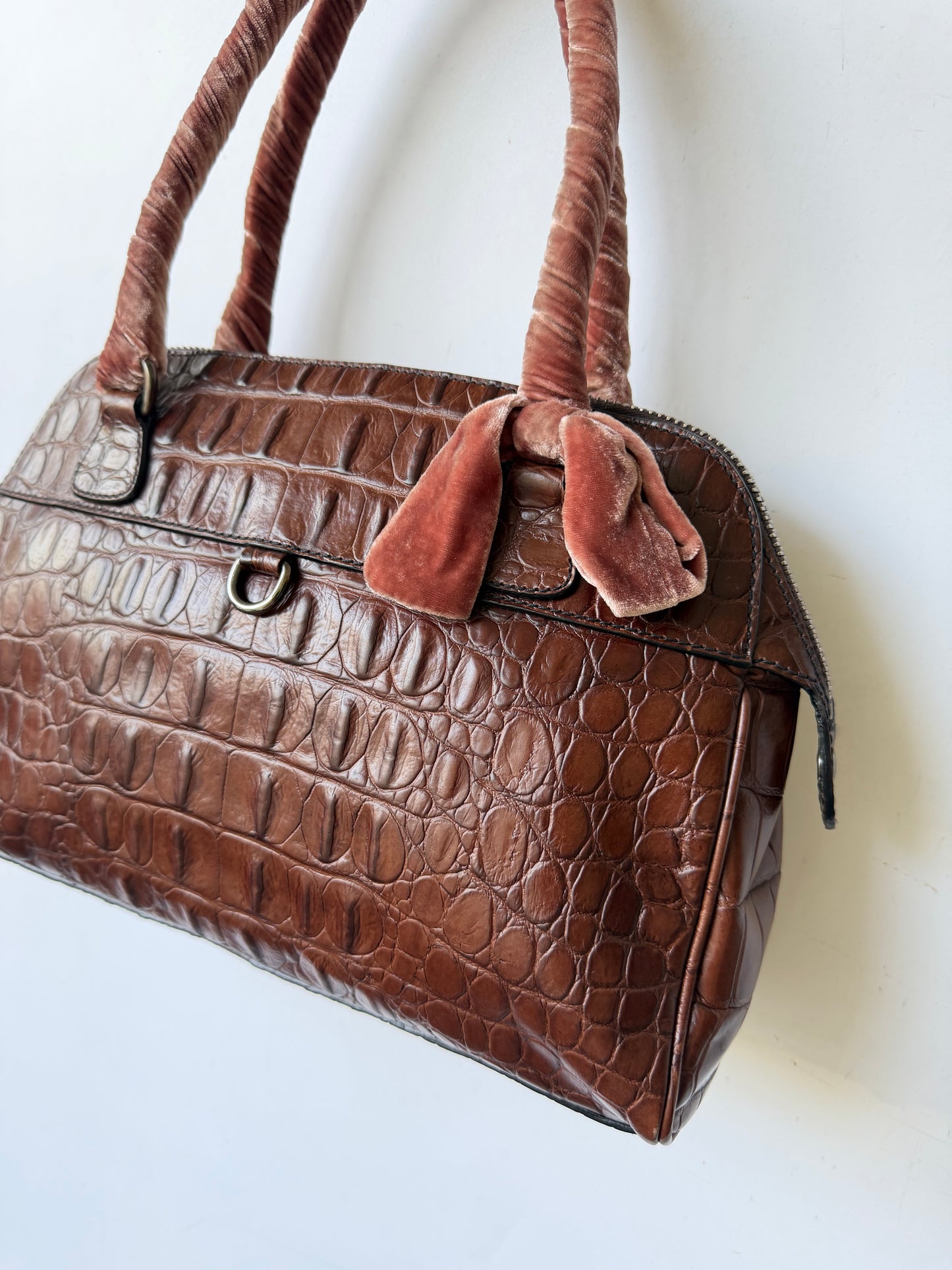 Miu Miu Brown Crocodile Embossed Bauletto Satchel