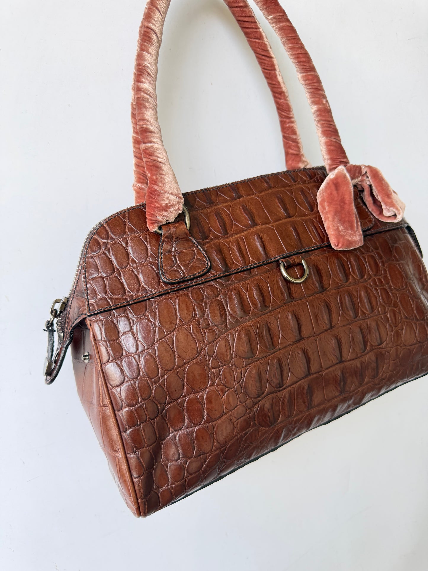Miu Miu Brown Crocodile Embossed Bauletto Satchel