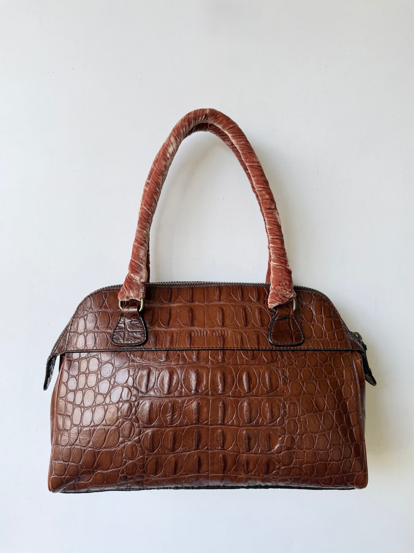 Miu Miu Brown Crocodile Embossed Bauletto Satchel