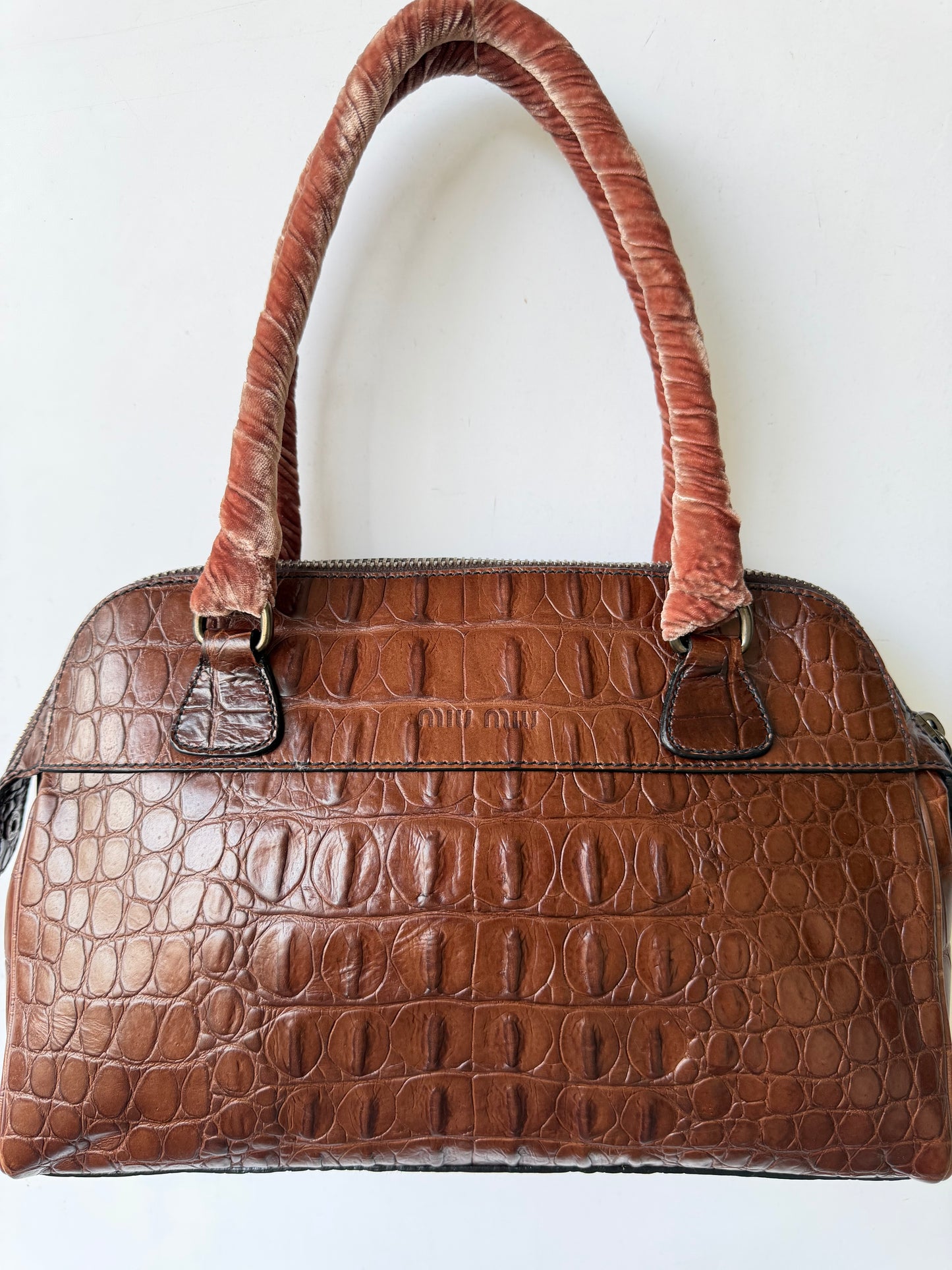 Miu Miu Brown Crocodile Embossed Bauletto Satchel