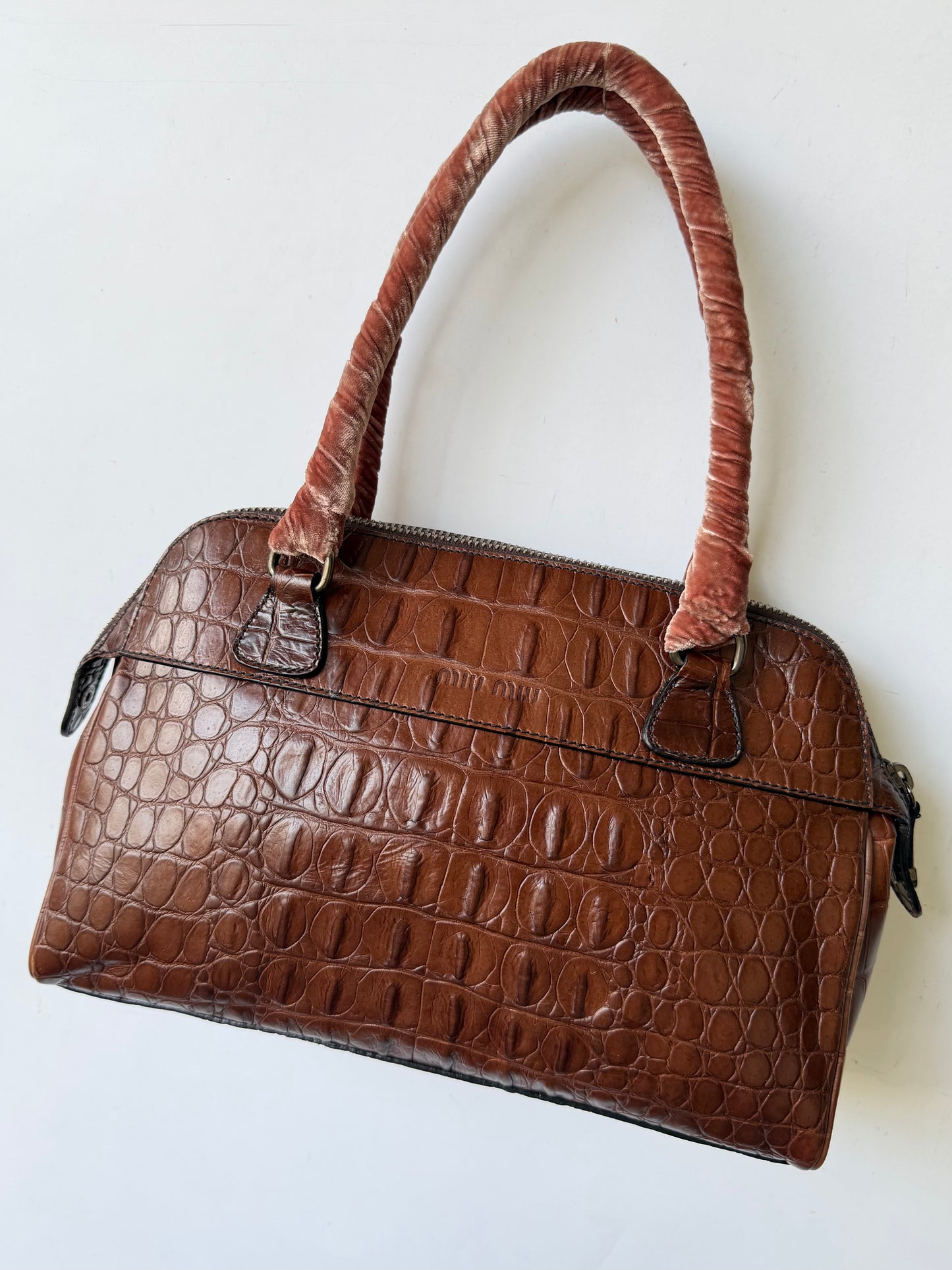 Miu Miu Brown Crocodile Embossed Bauletto Satchel
