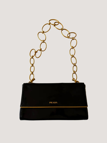 Prada Black Patent Leather Chain Flap Shoulder Bag