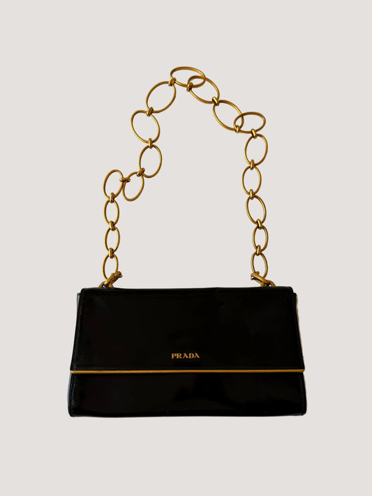 Prada Black Patent Leather Chain Flap Shoulder Bag