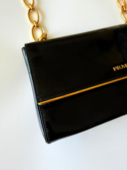 Prada Black Patent Leather Chain Flap Shoulder Bag