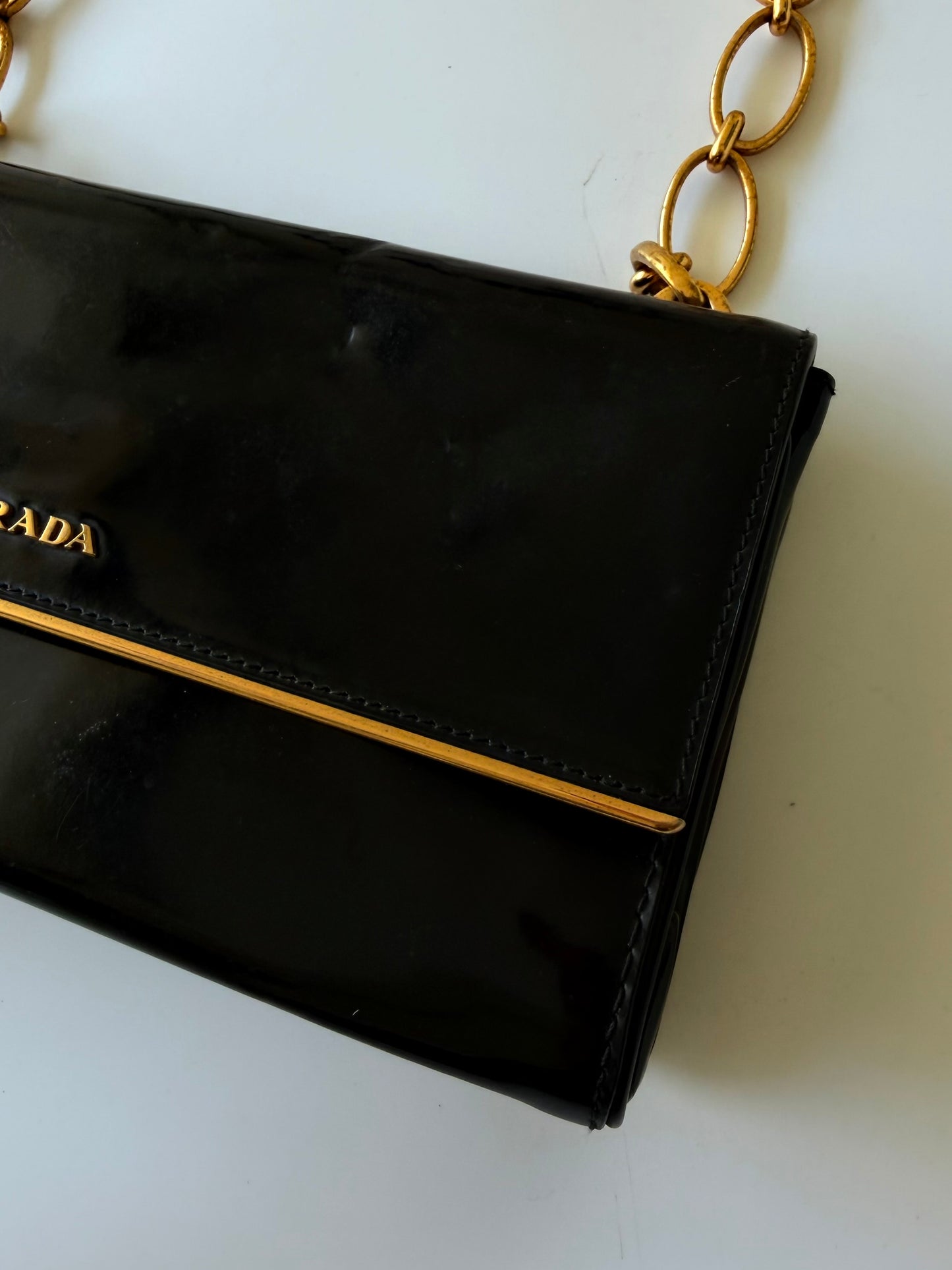 Prada Black Patent Leather Chain Flap Shoulder Bag