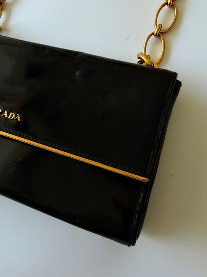 Prada Black Patent Leather Chain Flap Shoulder Bag