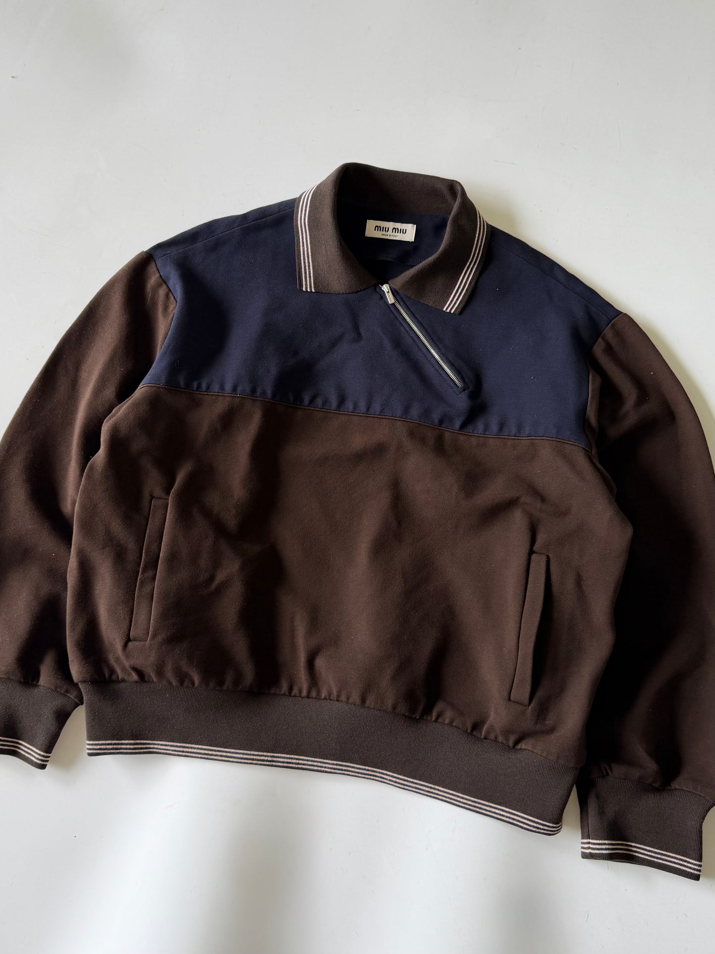 Miu Miu Brown & Blue Polo-Neck Zipped Sweatshirt