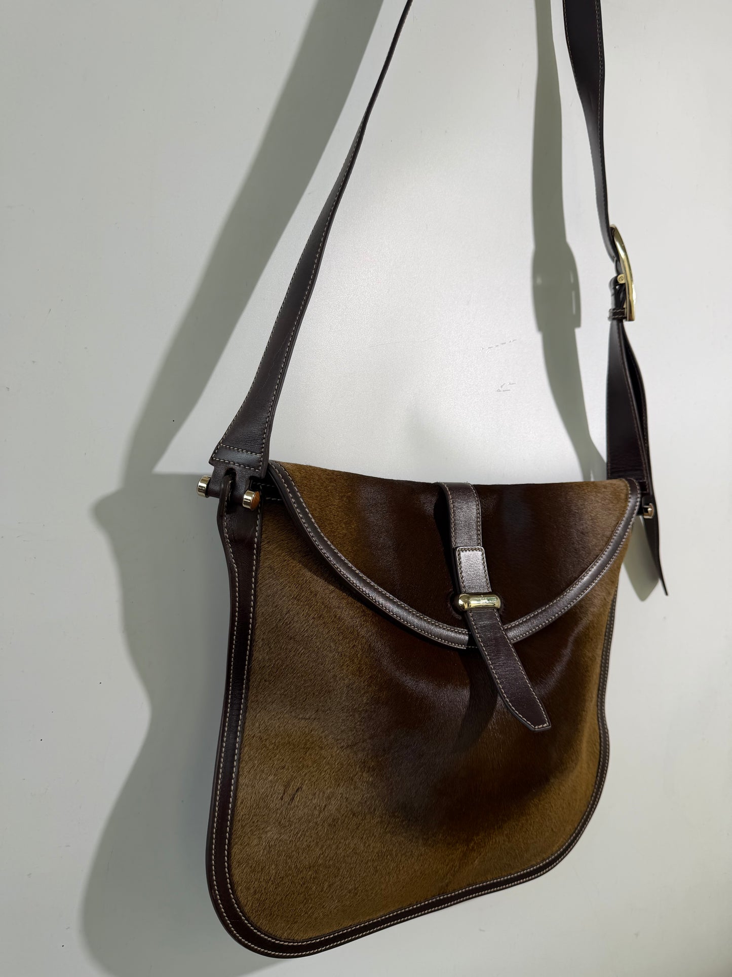 Vintage Gucci Brown Ponyhair Fold-in-Flap Messenger Bag