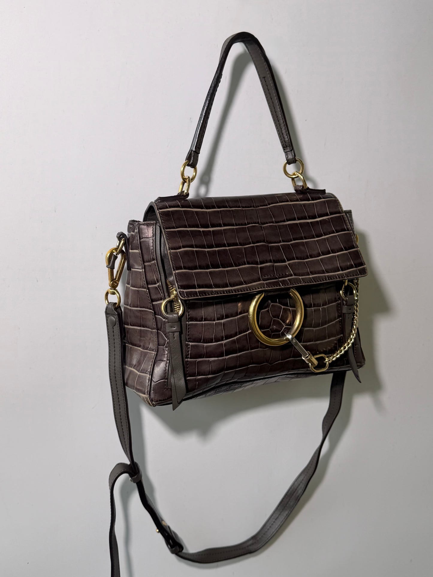 Chloe Dark Brown Crocodile Embossed Faye Day Medium Bag