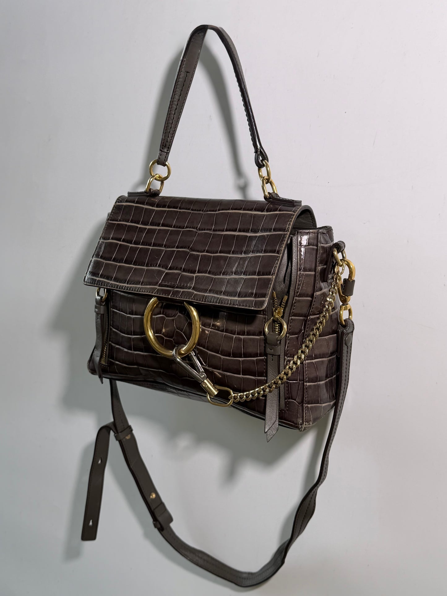 Chloe Dark Brown Crocodile Embossed Faye Day Medium Bag