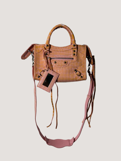 Balenciaga Pink Crocodile Embossed Mini City Bag