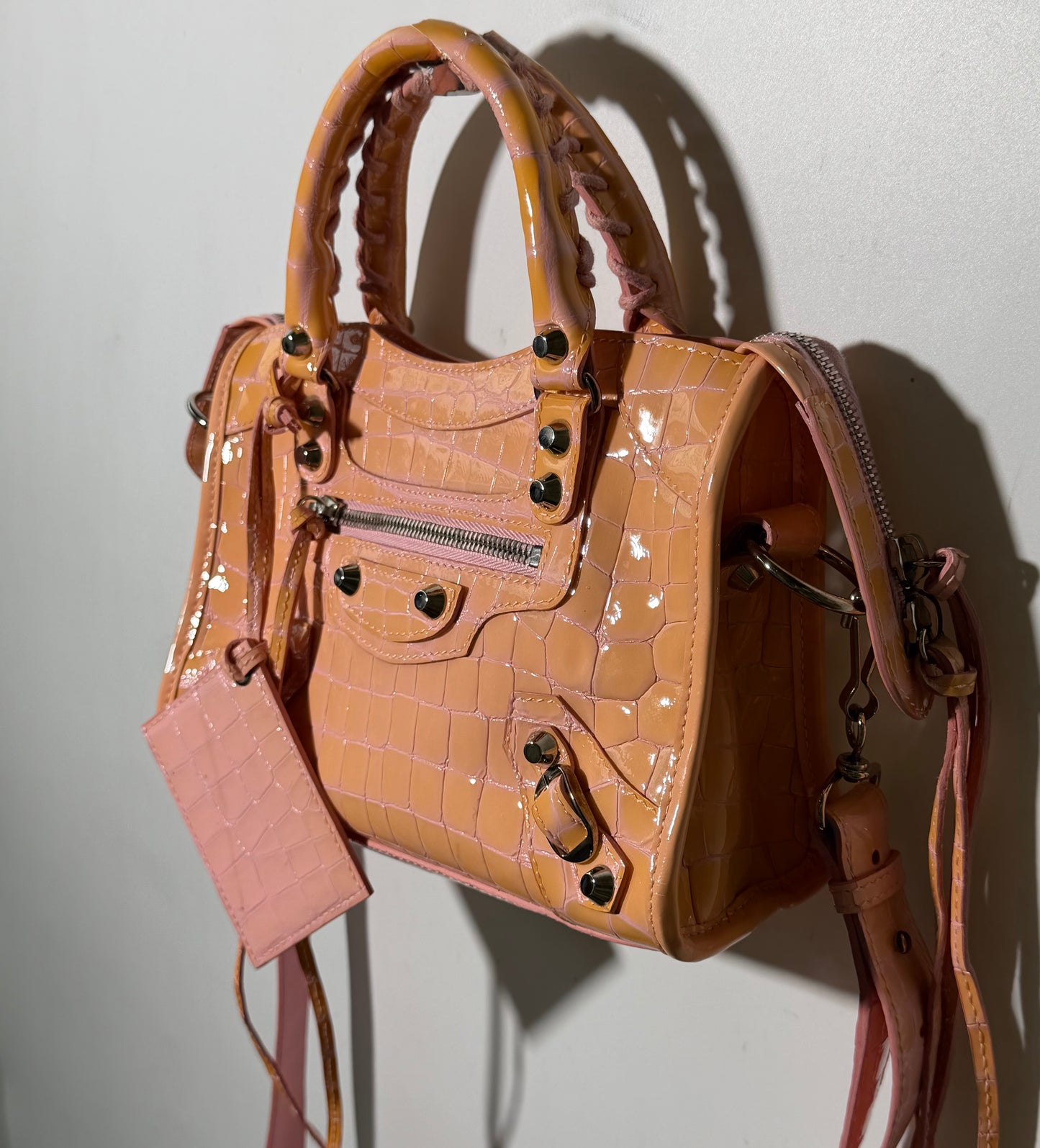 Balenciaga Pink Crocodile Embossed Mini City Bag