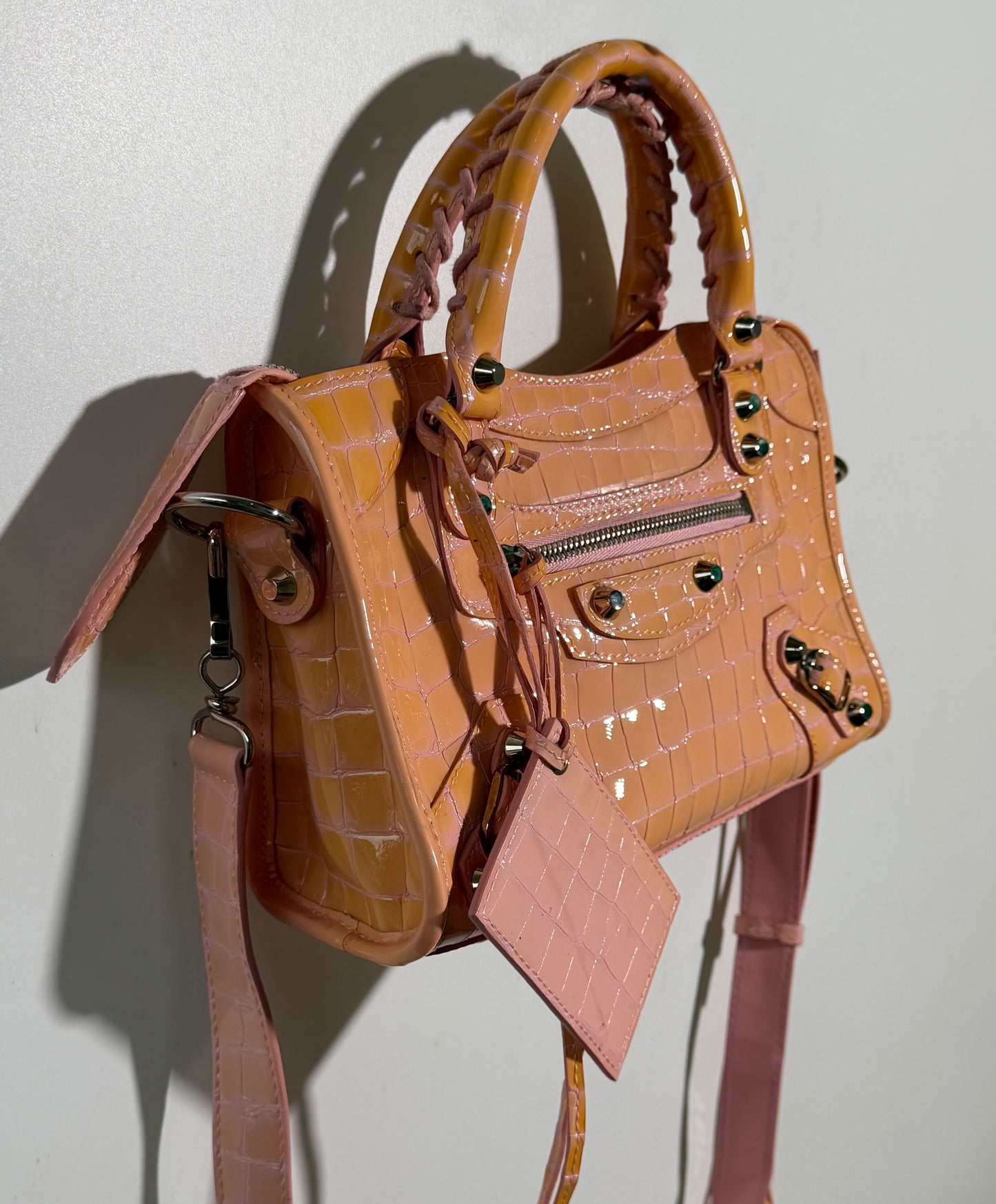 Balenciaga Pink Crocodile Embossed Mini City Bag