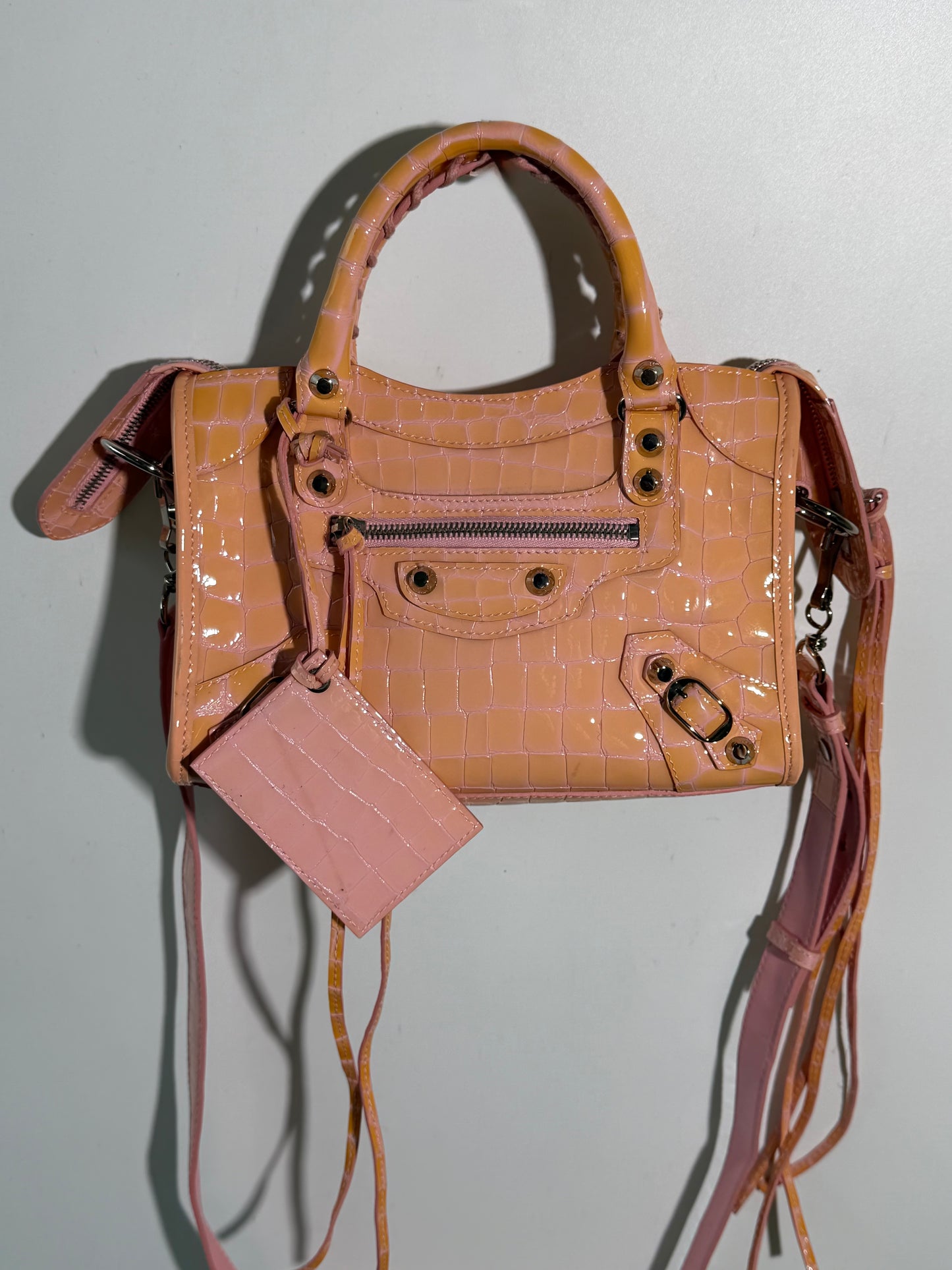 Balenciaga Pink Crocodile Embossed Mini City Bag