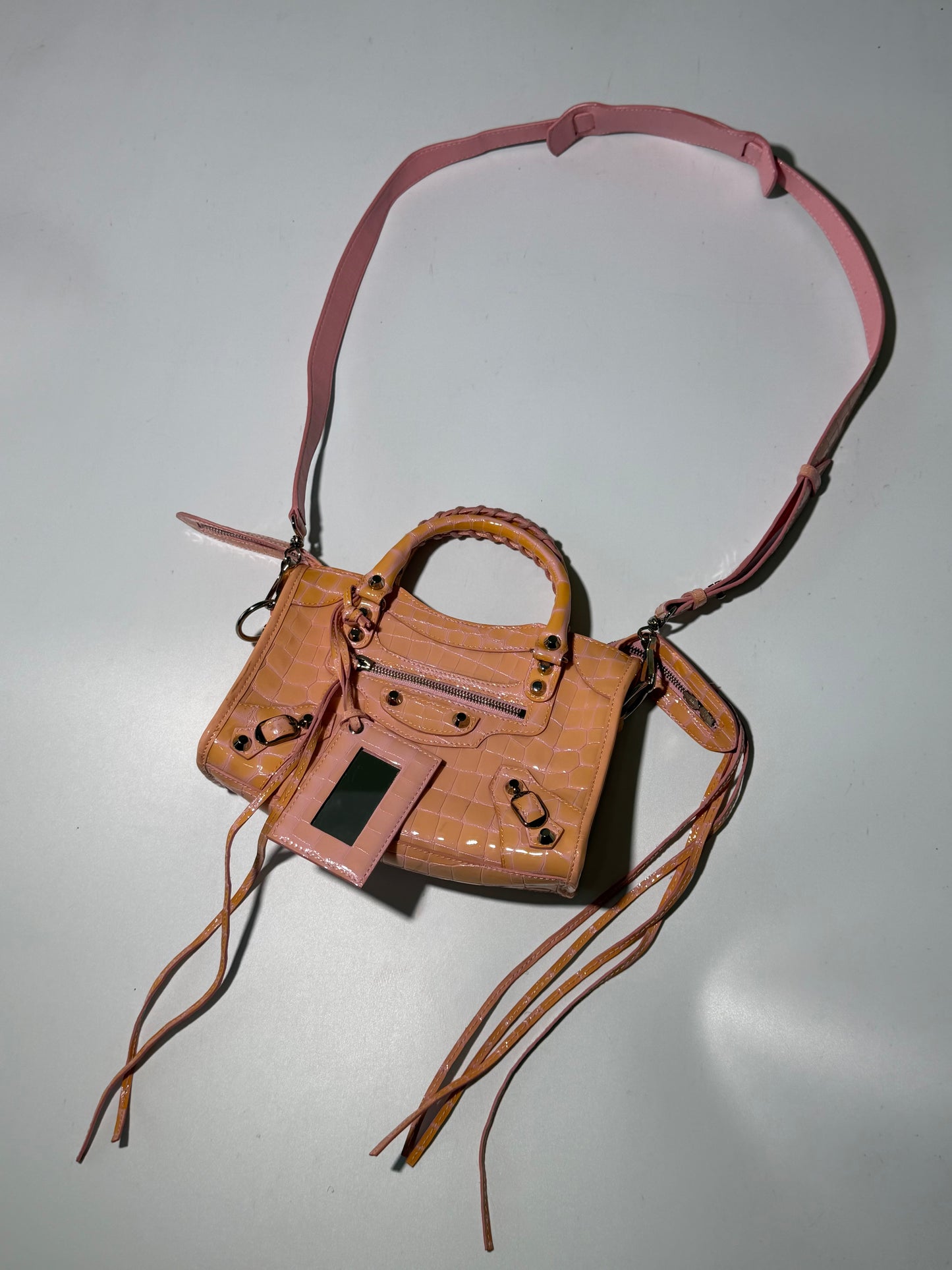 Balenciaga Pink Crocodile Embossed Mini City Bag