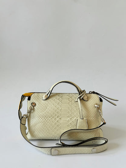 Fendi By The Way White Snakeskin Yellow Scalloped Satchel