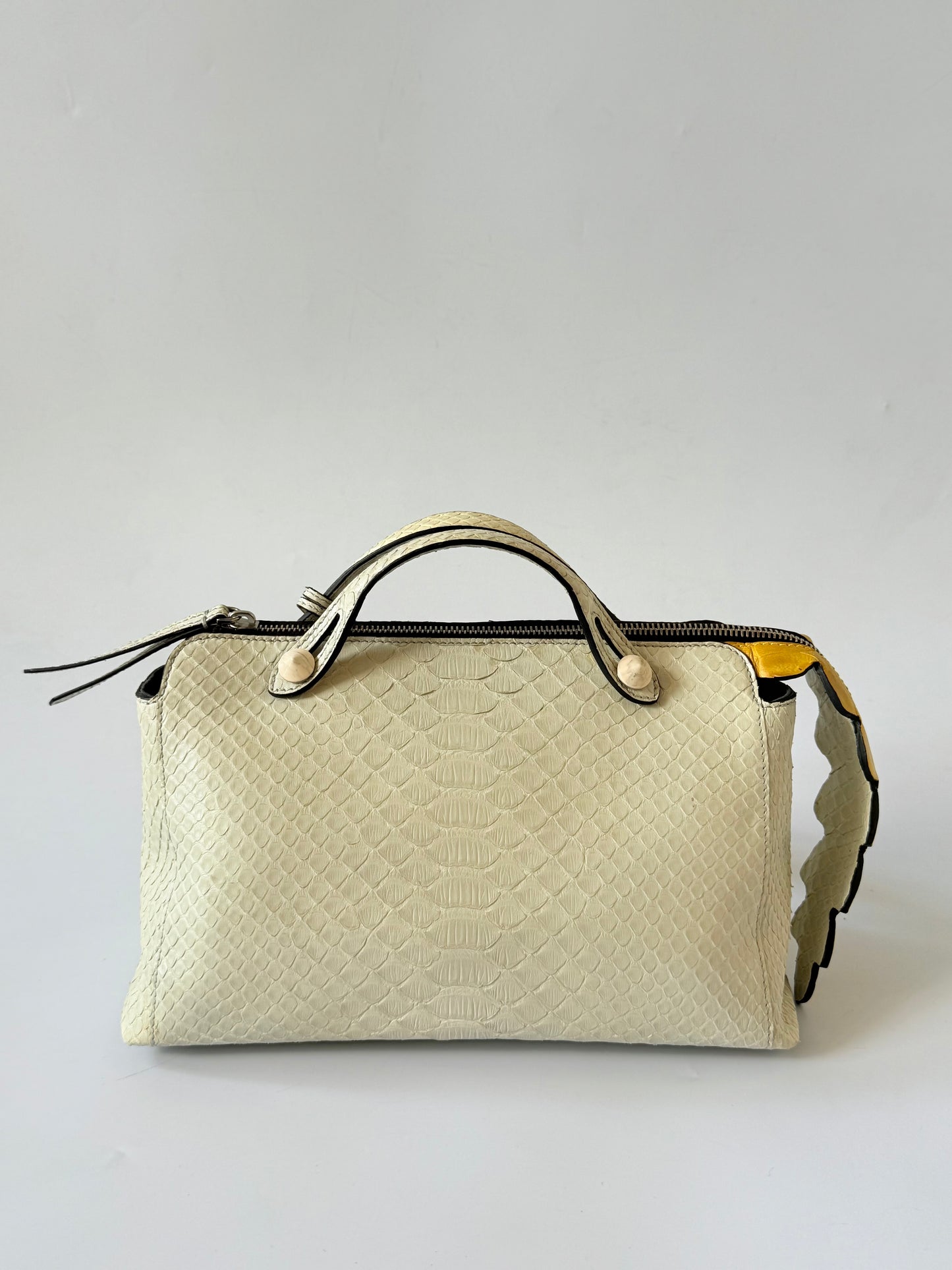 Fendi By The Way White Snakeskin Yellow Scalloped Satchel