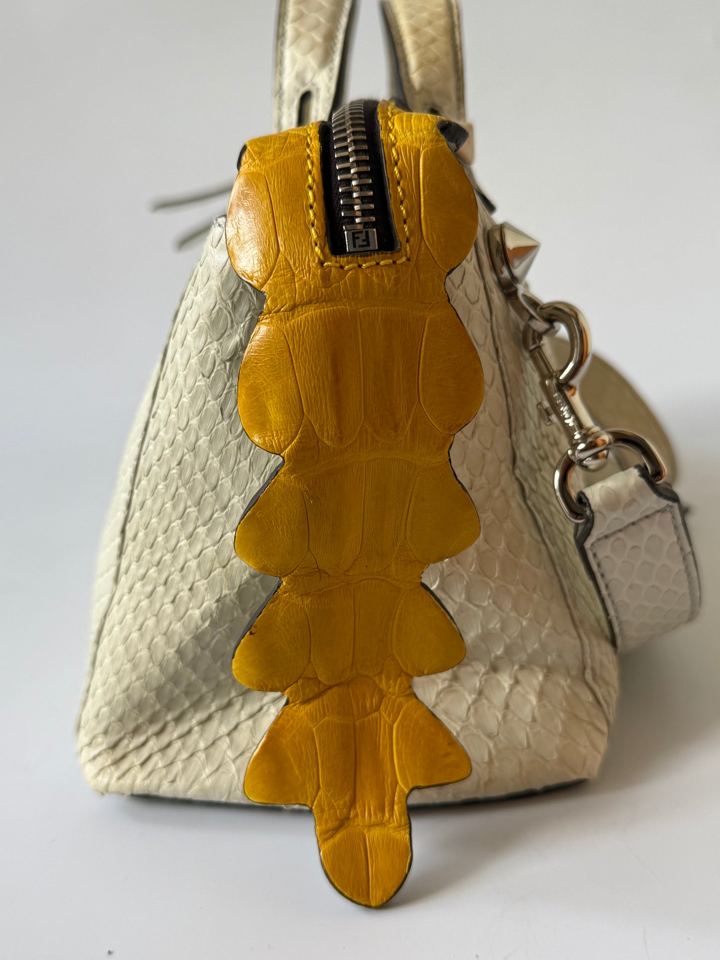 Fendi By The Way White Snakeskin Yellow Scalloped Satchel