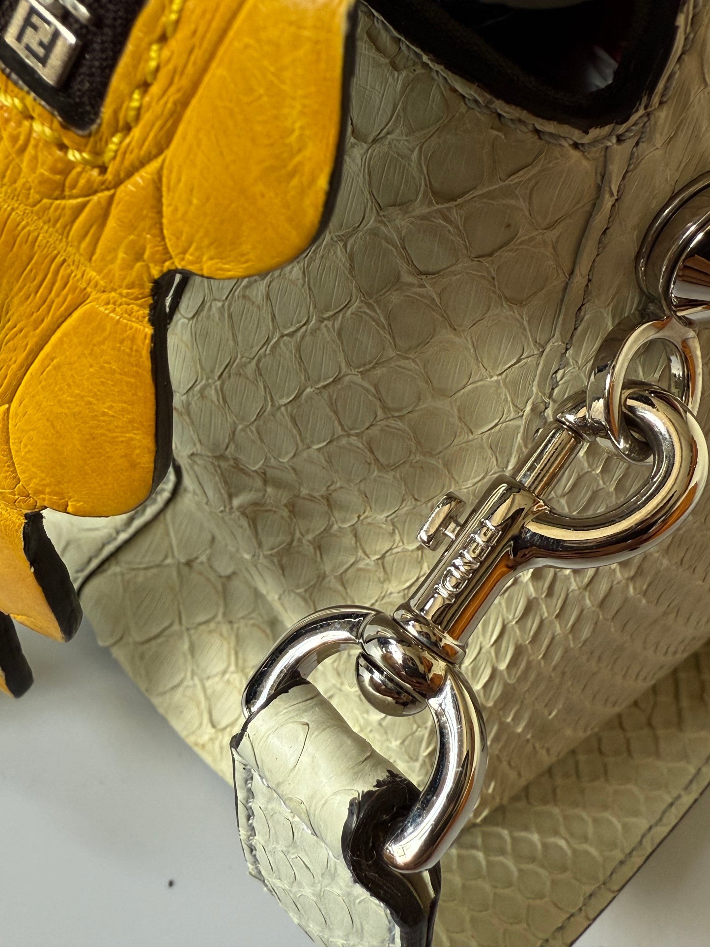 Fendi By The Way White Snakeskin Yellow Scalloped Satchel