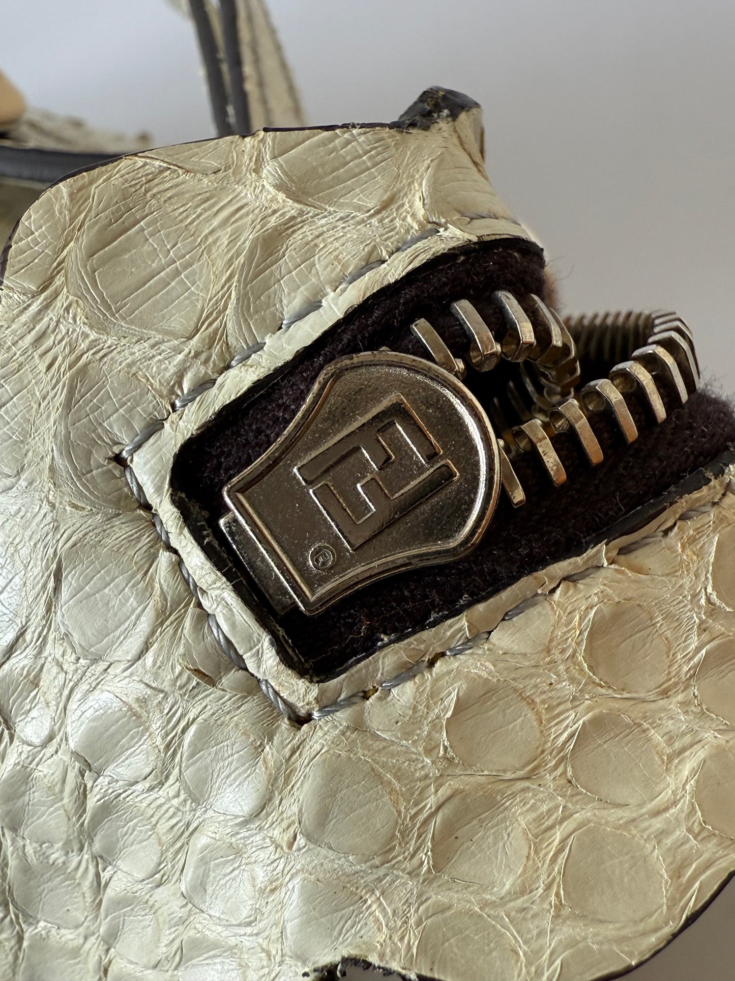 Fendi By The Way White Snakeskin Yellow Scalloped Satchel