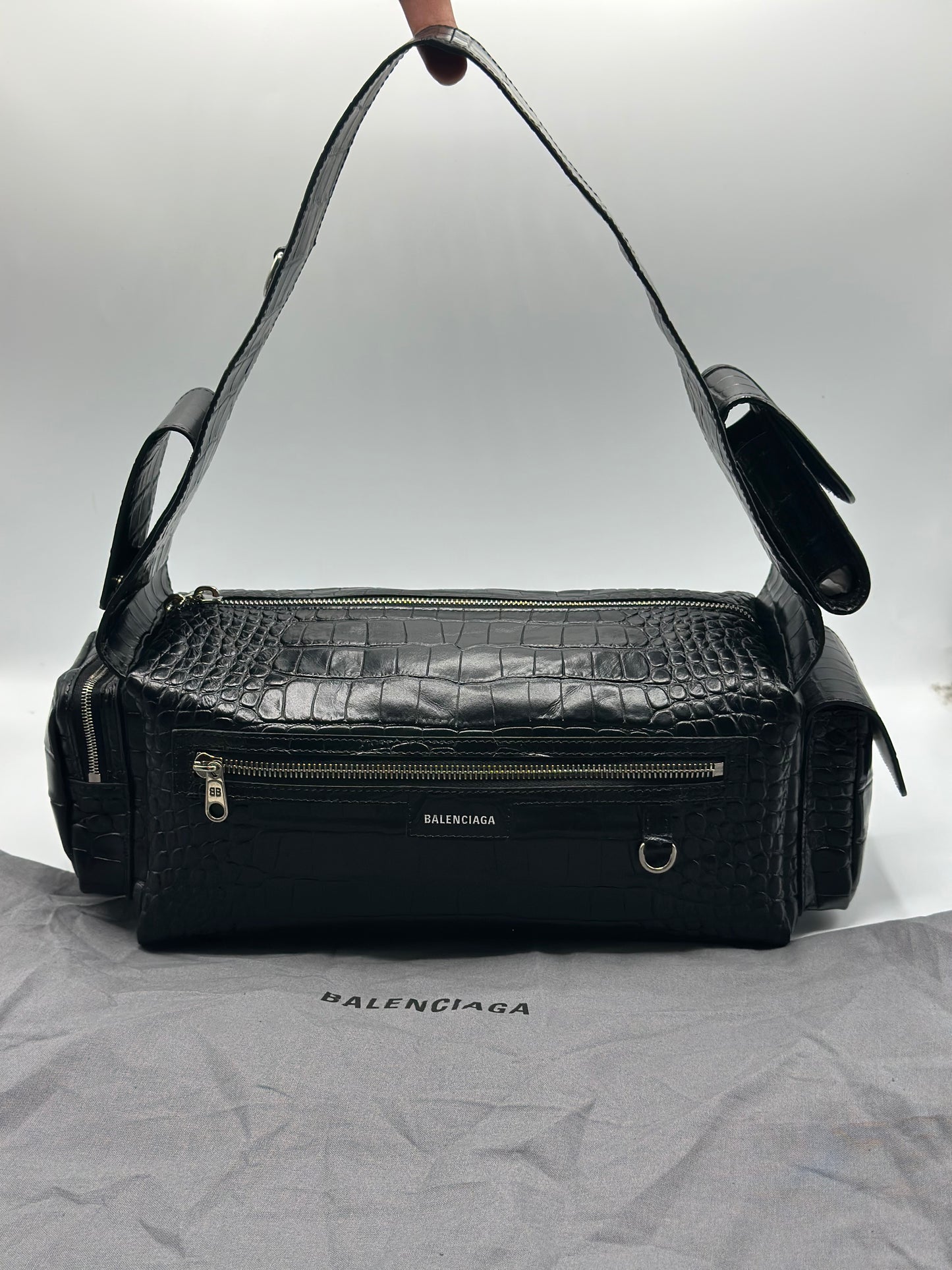 Balenciaga Black Croc Embossed Small Superbusy Sling Bag