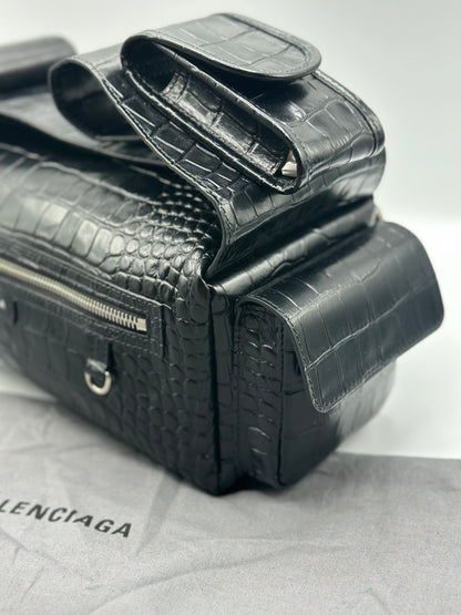 Balenciaga Black Croc Embossed Small Superbusy Sling Bag