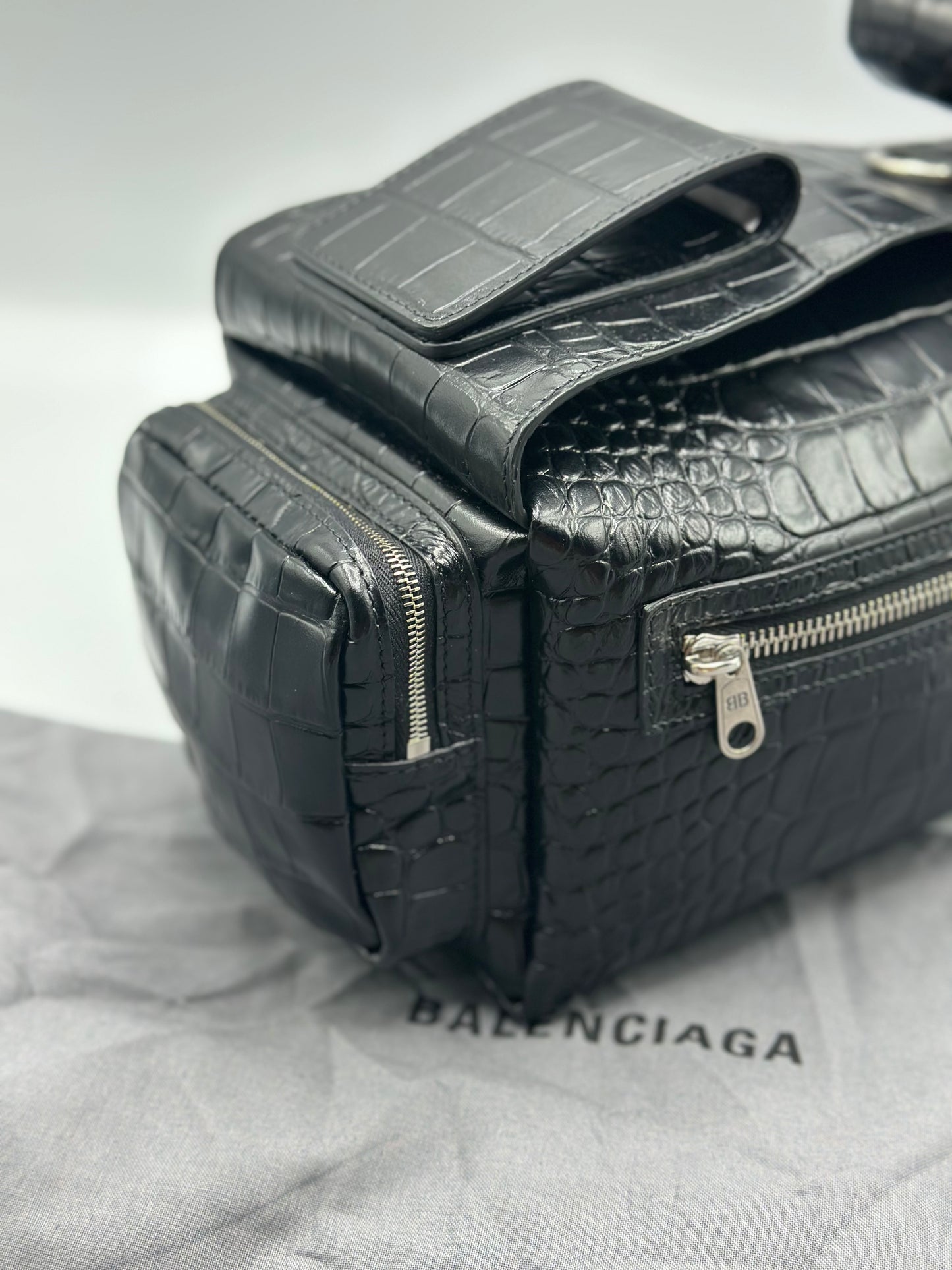 Balenciaga Black Croc Embossed Small Superbusy Sling Bag