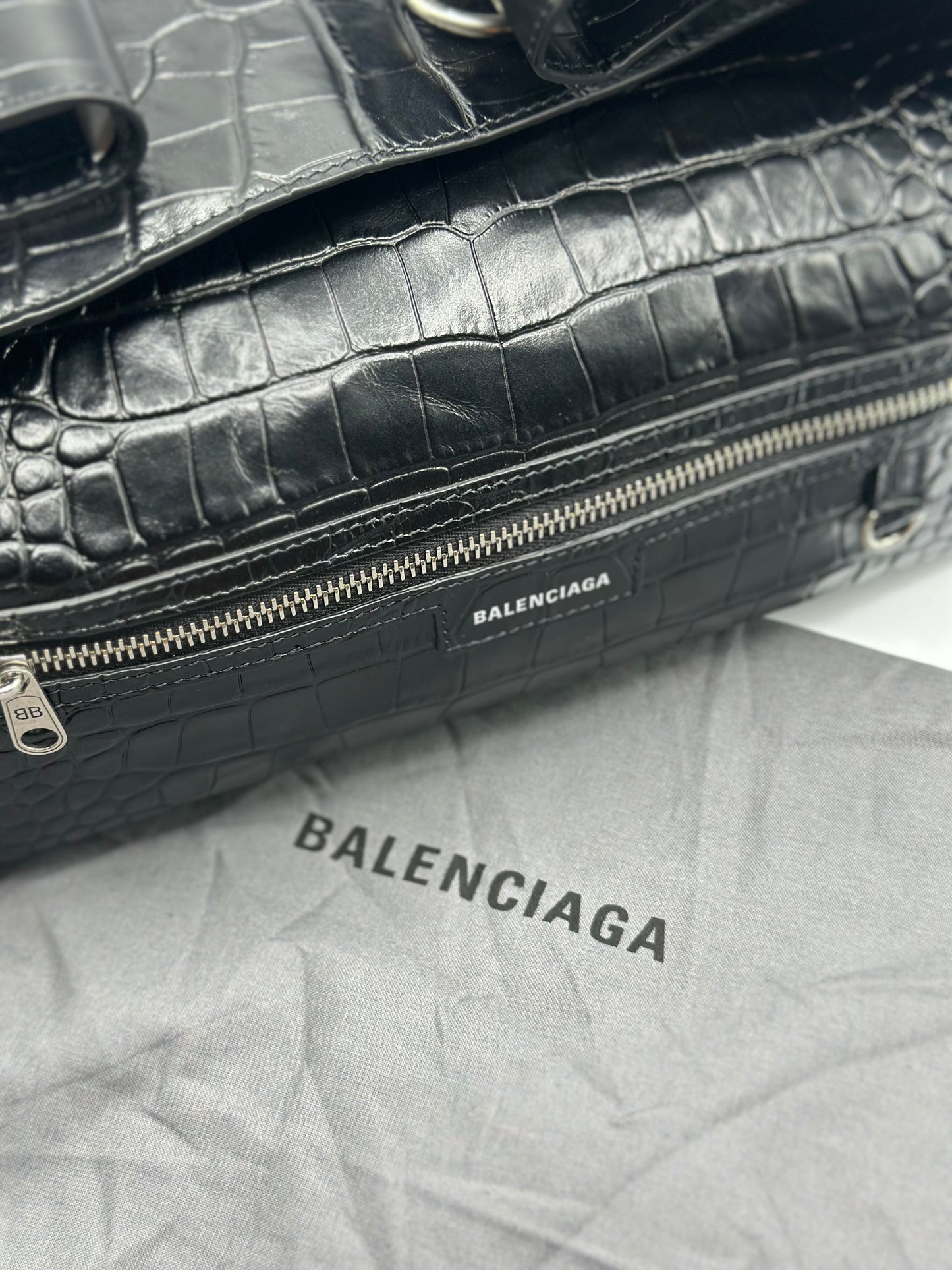 Balenciaga Black Croc Embossed Small Superbusy Sling Bag