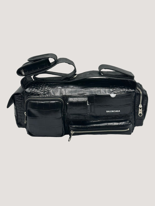 Balenciaga Black Croc Embossed Small Superbusy Sling Bag