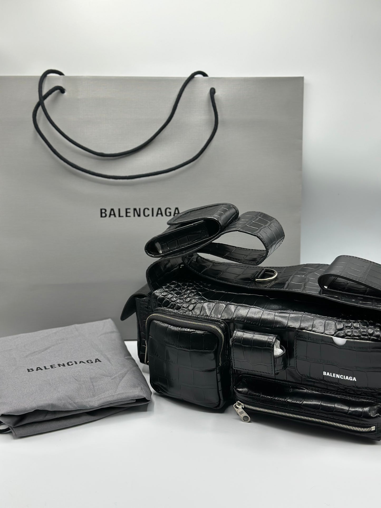 Balenciaga Black Croc Embossed Small Superbusy Sling Bag