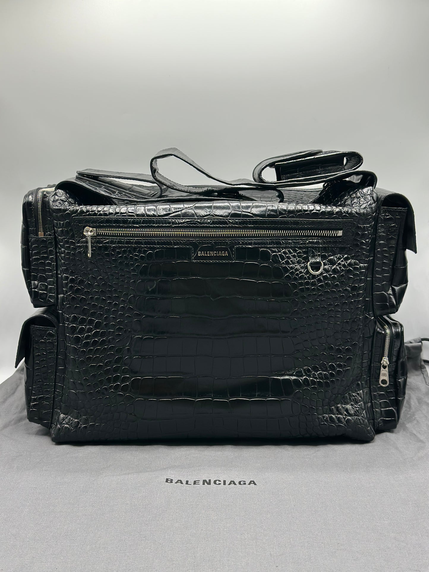 Balenciaga Black Croc Embossed Big Superbusy Sling Bag