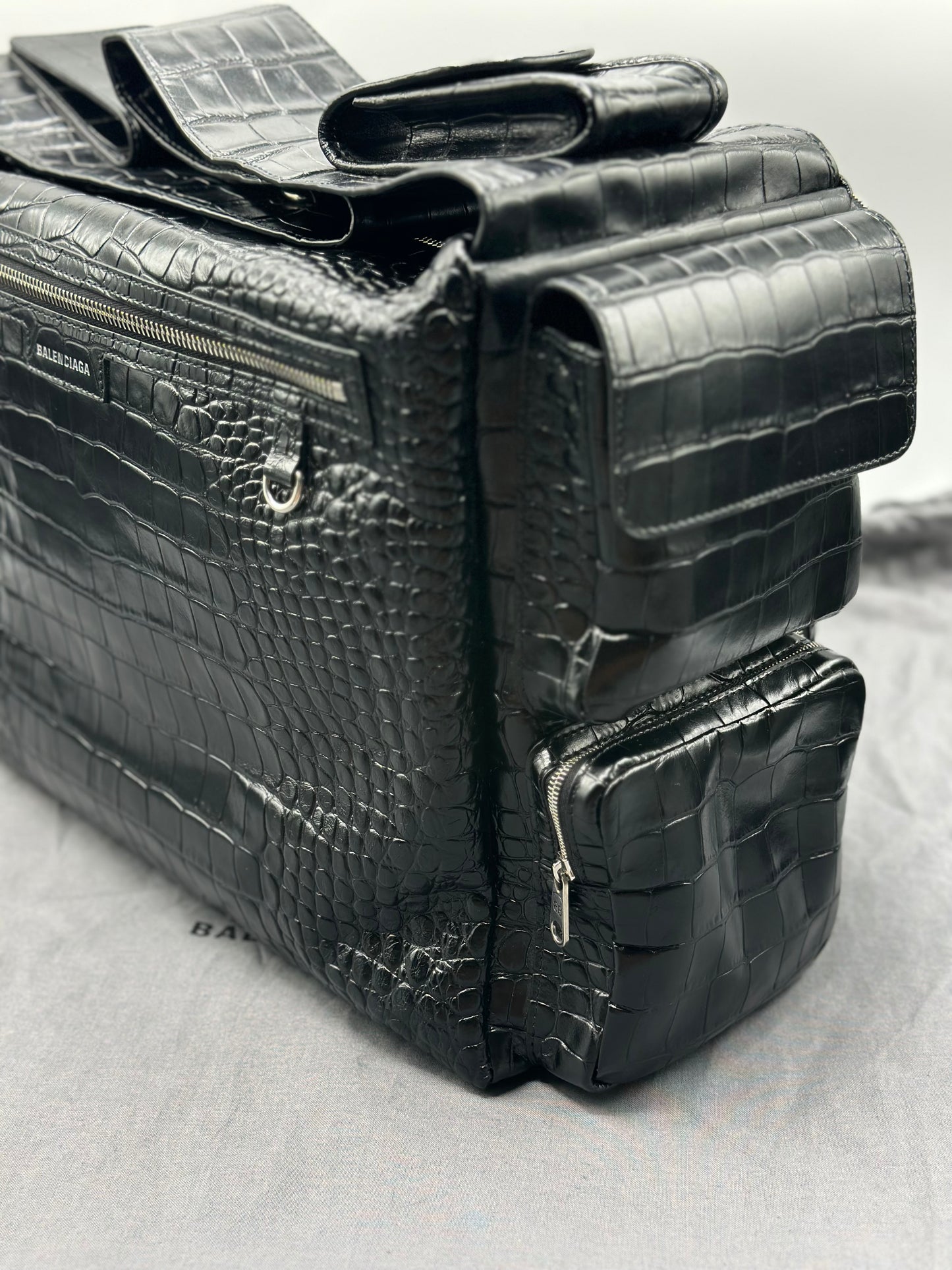 Balenciaga Black Croc Embossed Big Superbusy Sling Bag