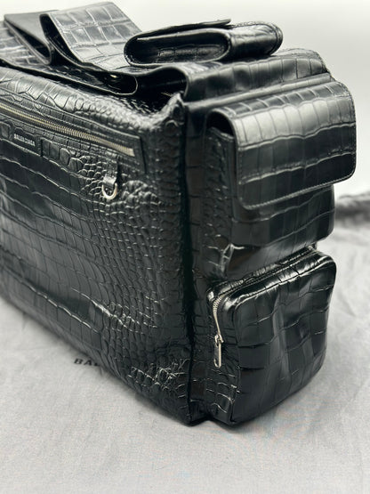 Balenciaga Black Croc Embossed Big Superbusy Sling Bag