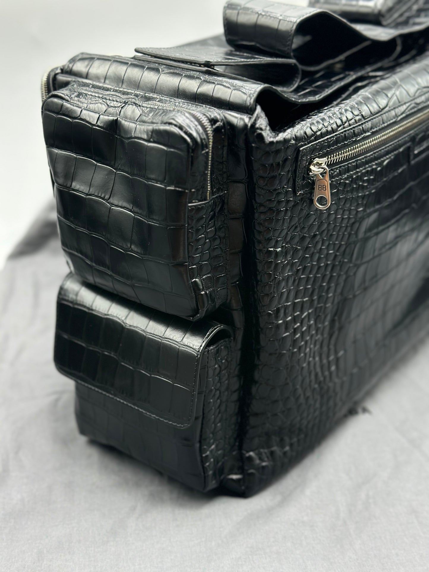 Balenciaga Black Croc Embossed Big Superbusy Sling Bag