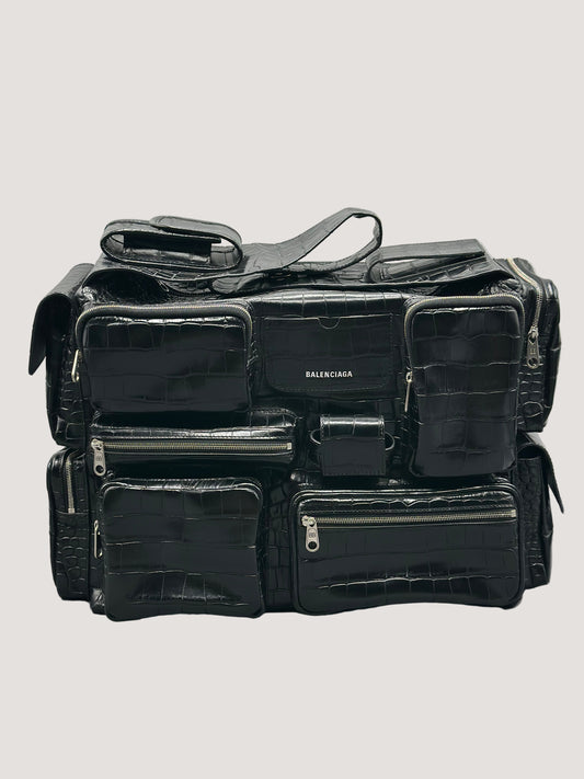 Balenciaga Black Croc Embossed Big Superbusy Sling Bag