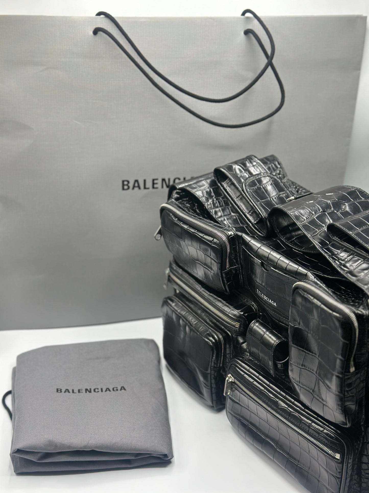 Balenciaga Black Croc Embossed Big Superbusy Sling Bag